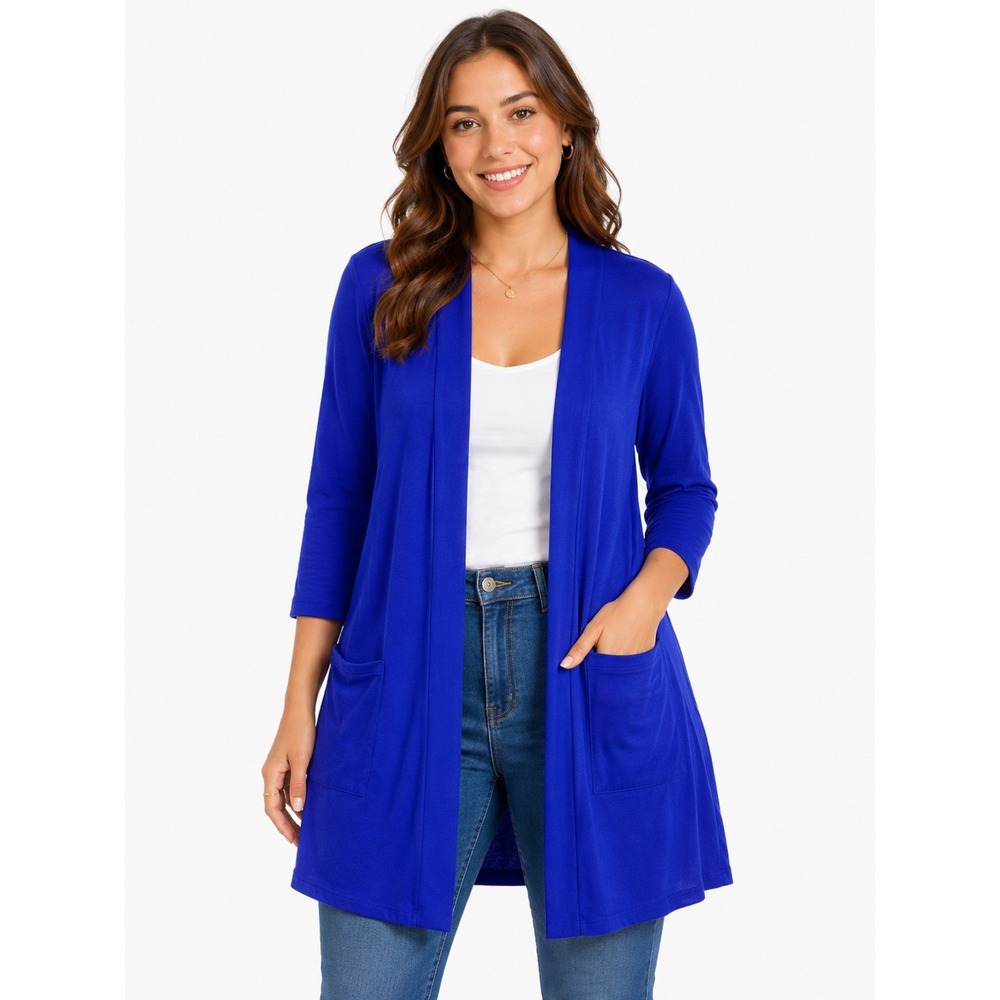 Zenana Blue Open Front Cardigan Plus Size 1X 3/4 Sleeve Pockets RC-1444XBA